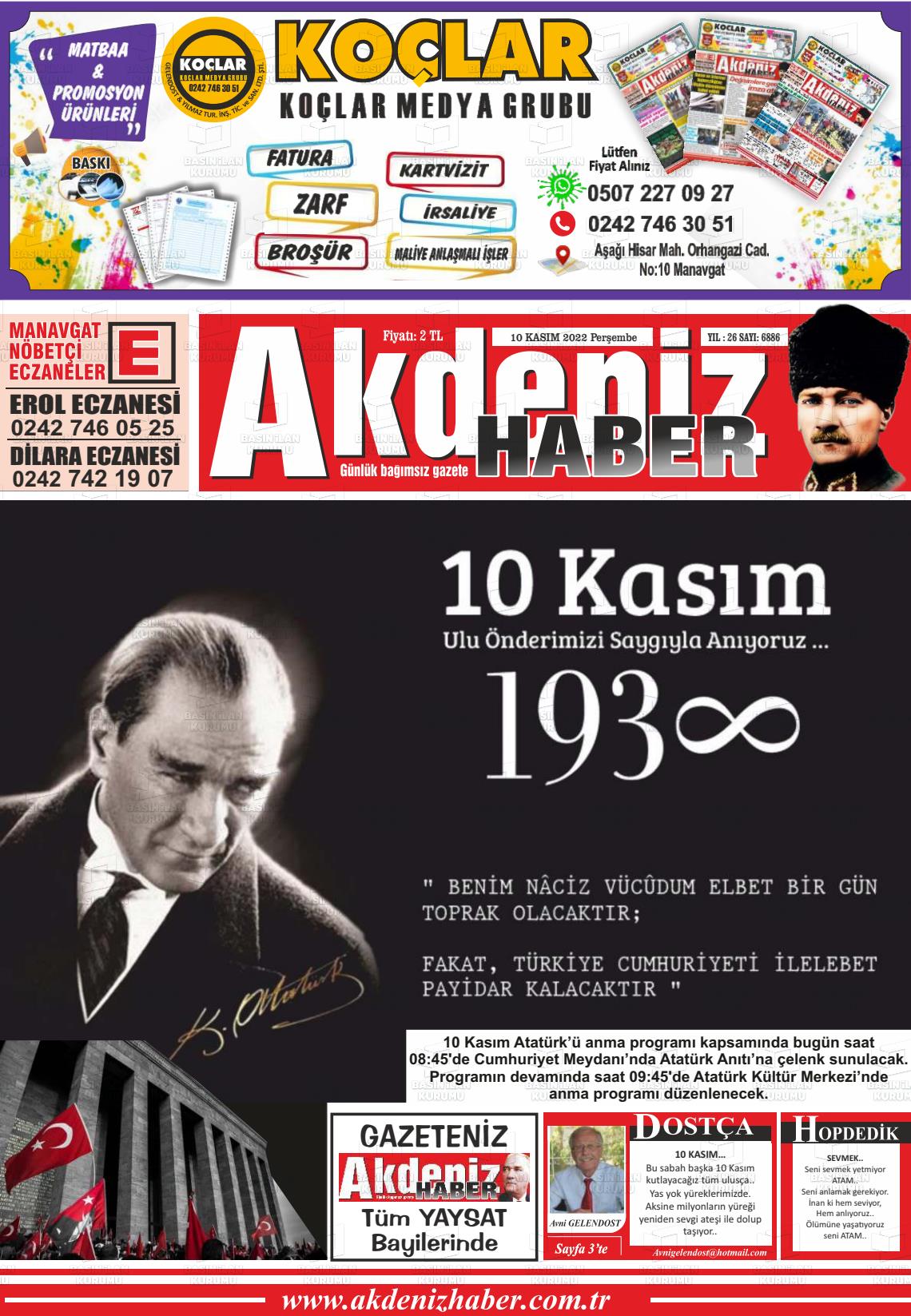 10 Kasım 2022 Akdeniz Haber Gazete Manşeti