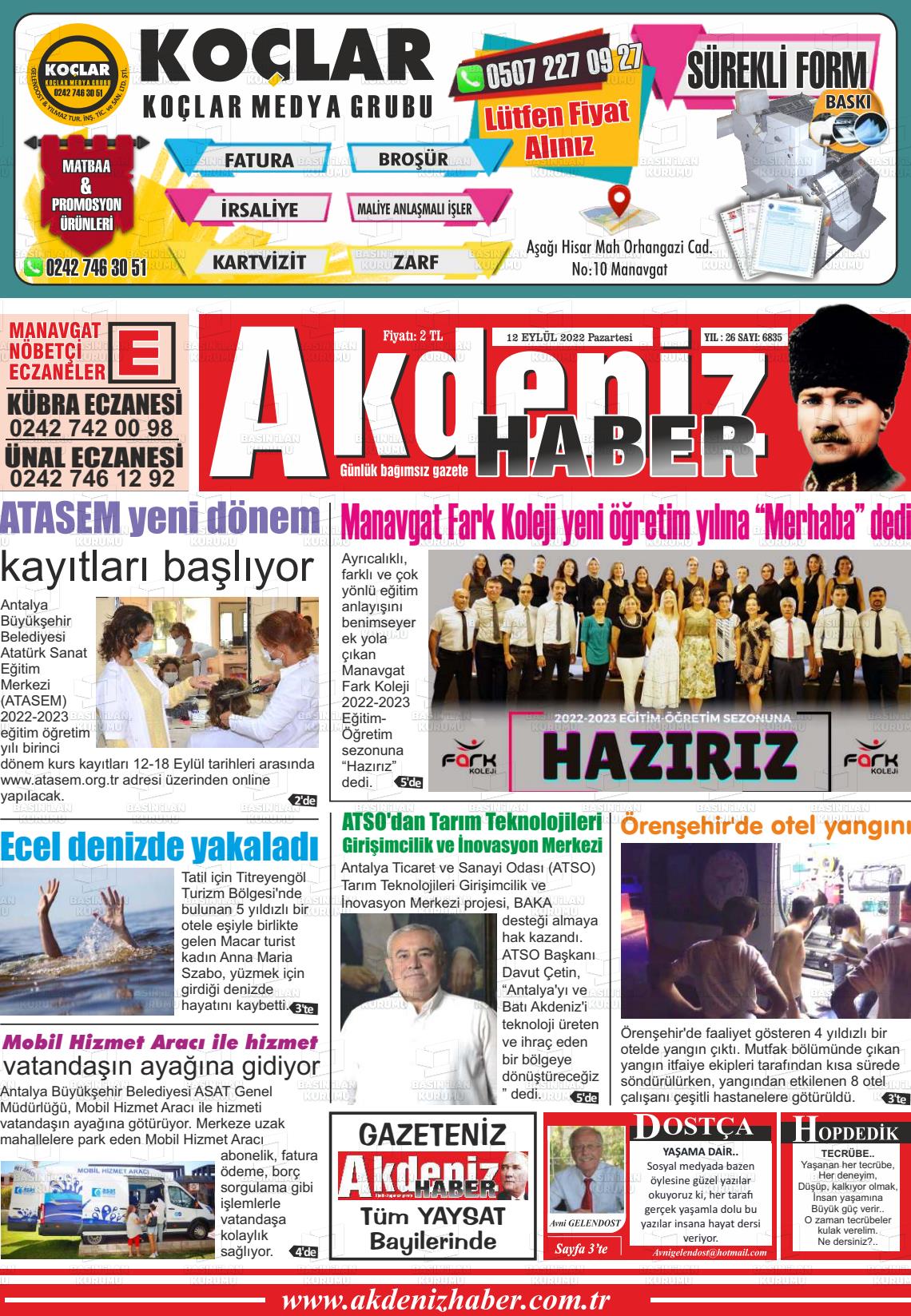 12 Eylül 2022 Akdeniz Haber Gazete Manşeti