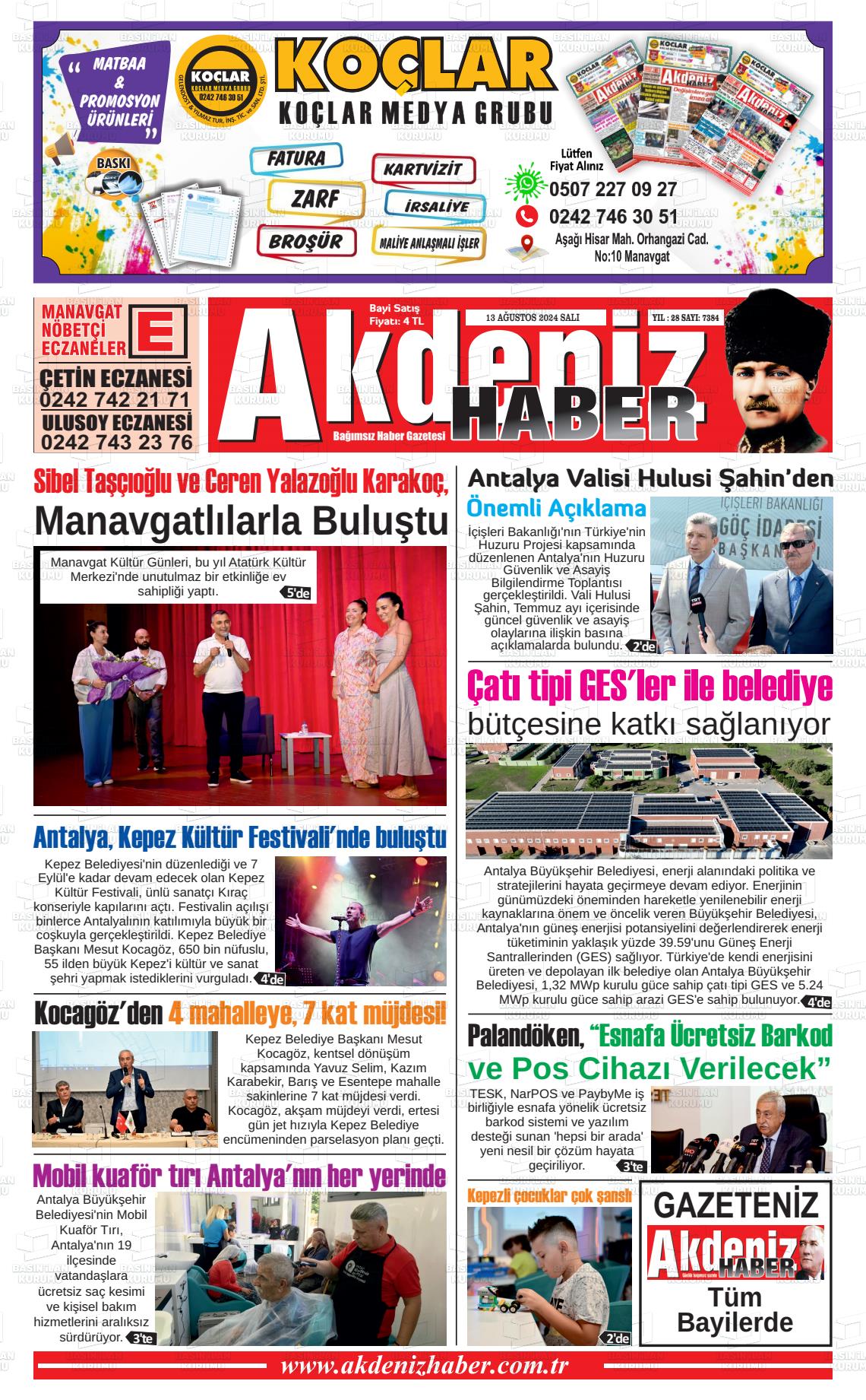 13 Ağustos 2024 Akdeniz Haber Gazete Manşeti