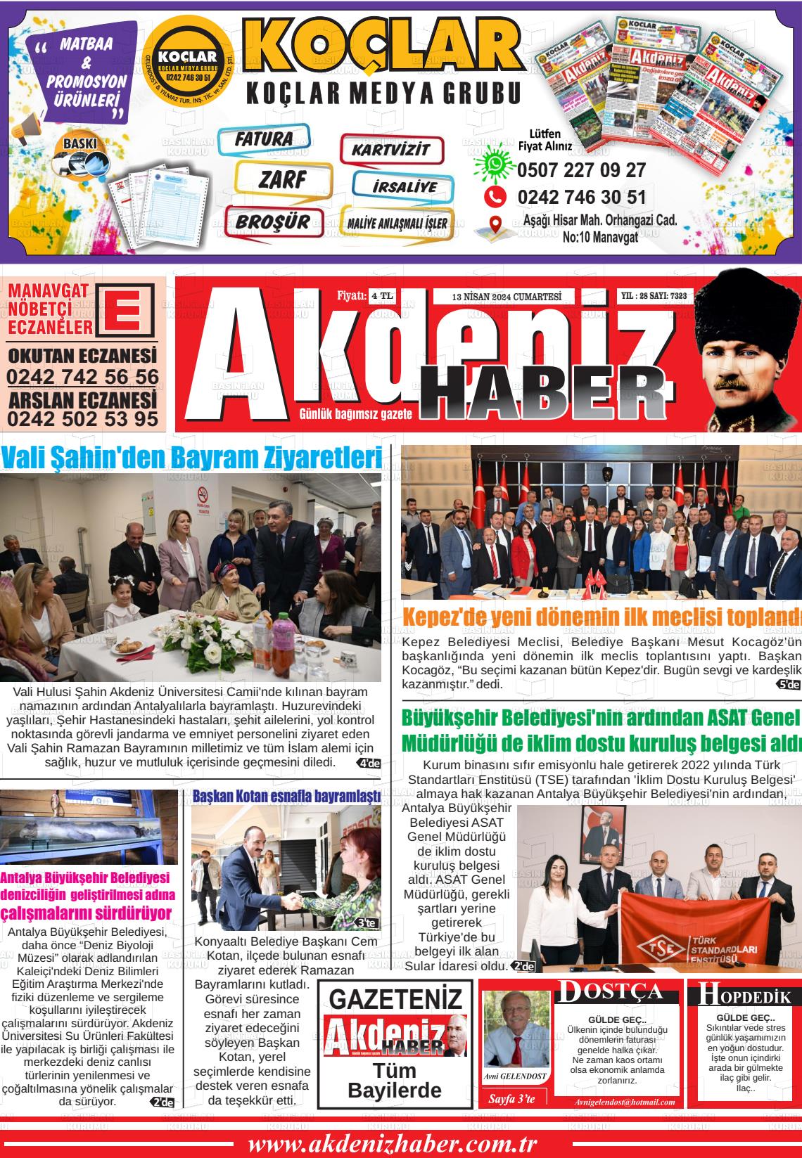 13 Nisan 2024 Akdeniz Haber Gazete Manşeti