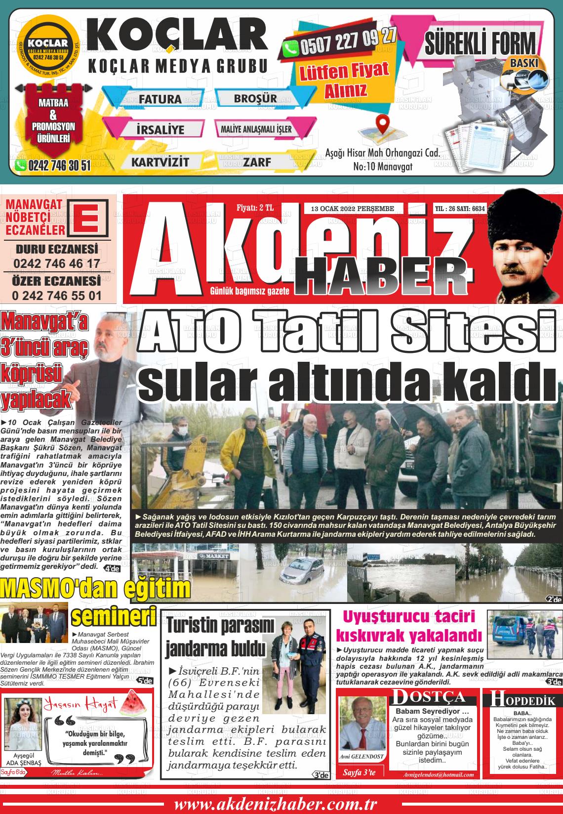 13 Ocak 2022 Akdeniz Haber Gazete Manşeti