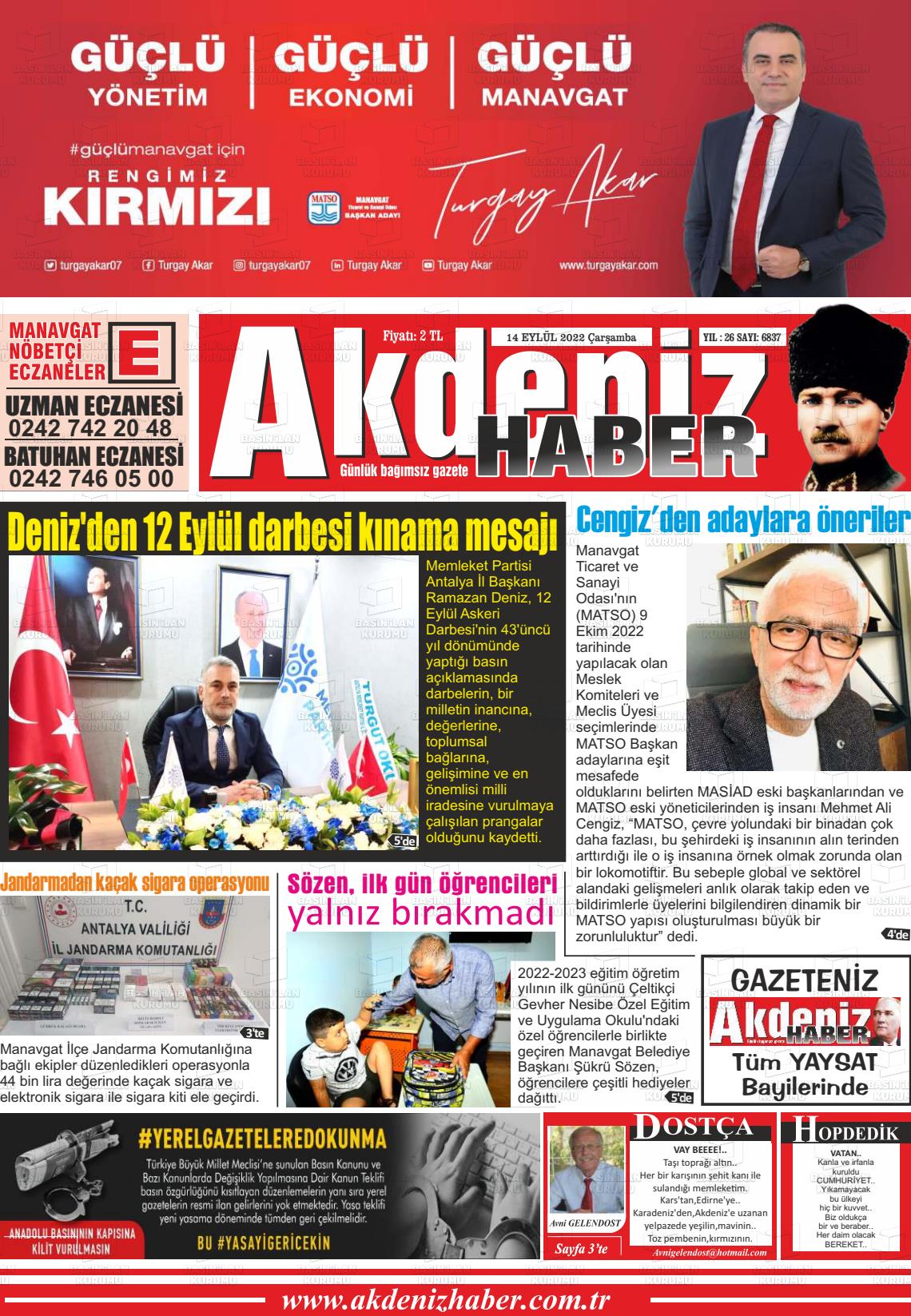 14 Eylül 2022 Akdeniz Haber Gazete Manşeti