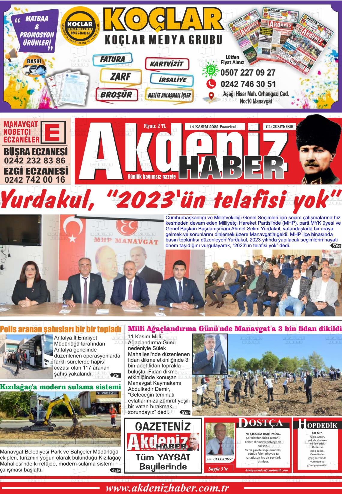 14 Kasım 2022 Akdeniz Haber Gazete Manşeti