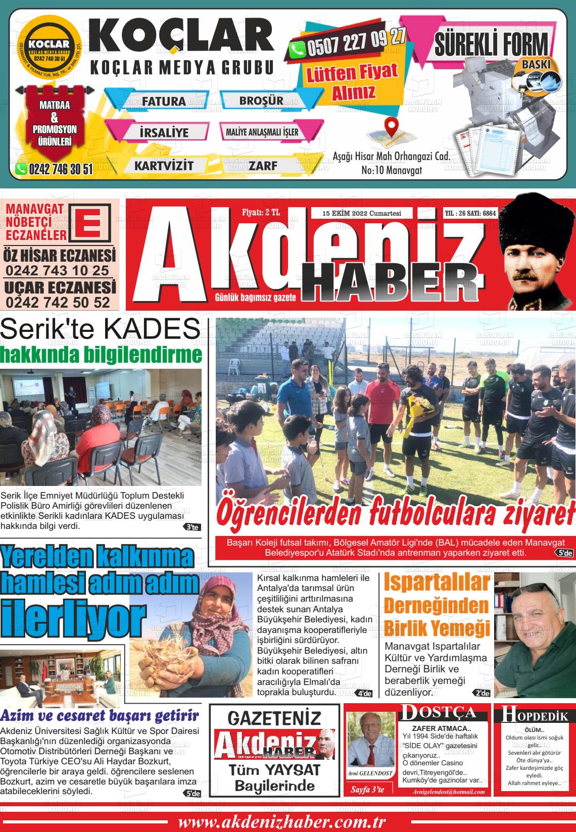 15 Ekim 2022 Akdeniz Haber Gazete Manşeti