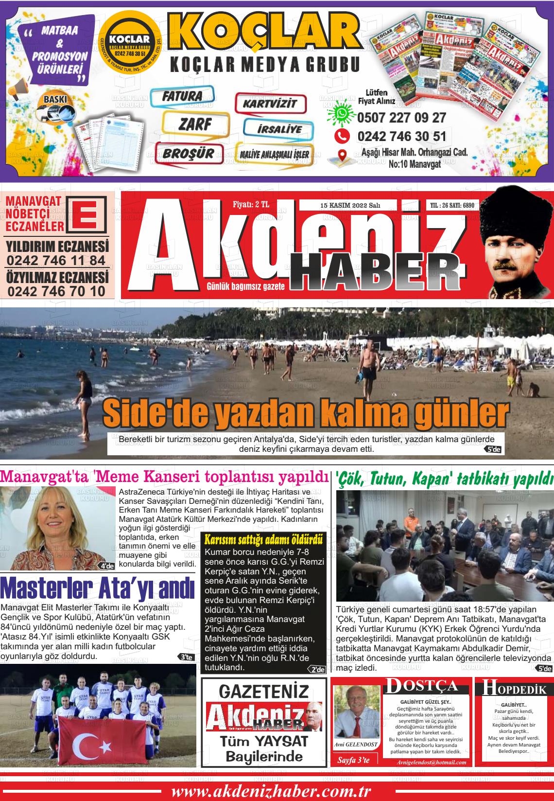 15 Kasım 2022 Akdeniz Haber Gazete Manşeti