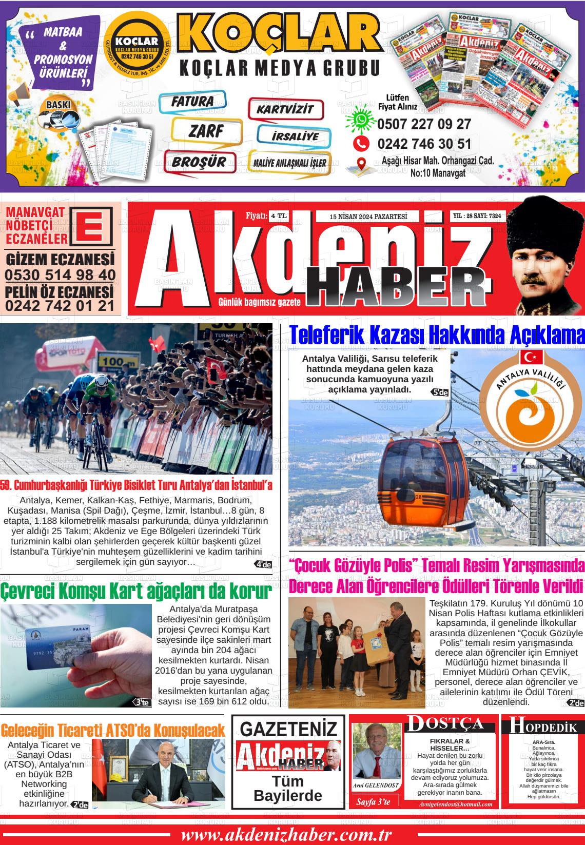 15 Nisan 2024 Akdeniz Haber Gazete Manşeti