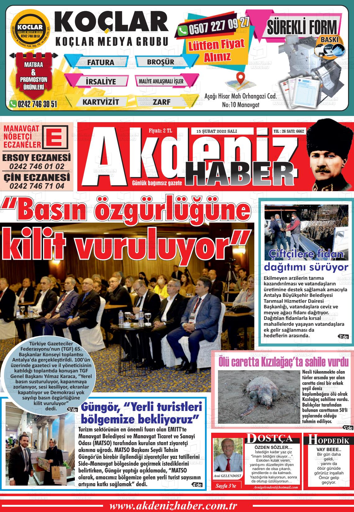 15 Şubat 2022 Akdeniz Haber Gazete Manşeti