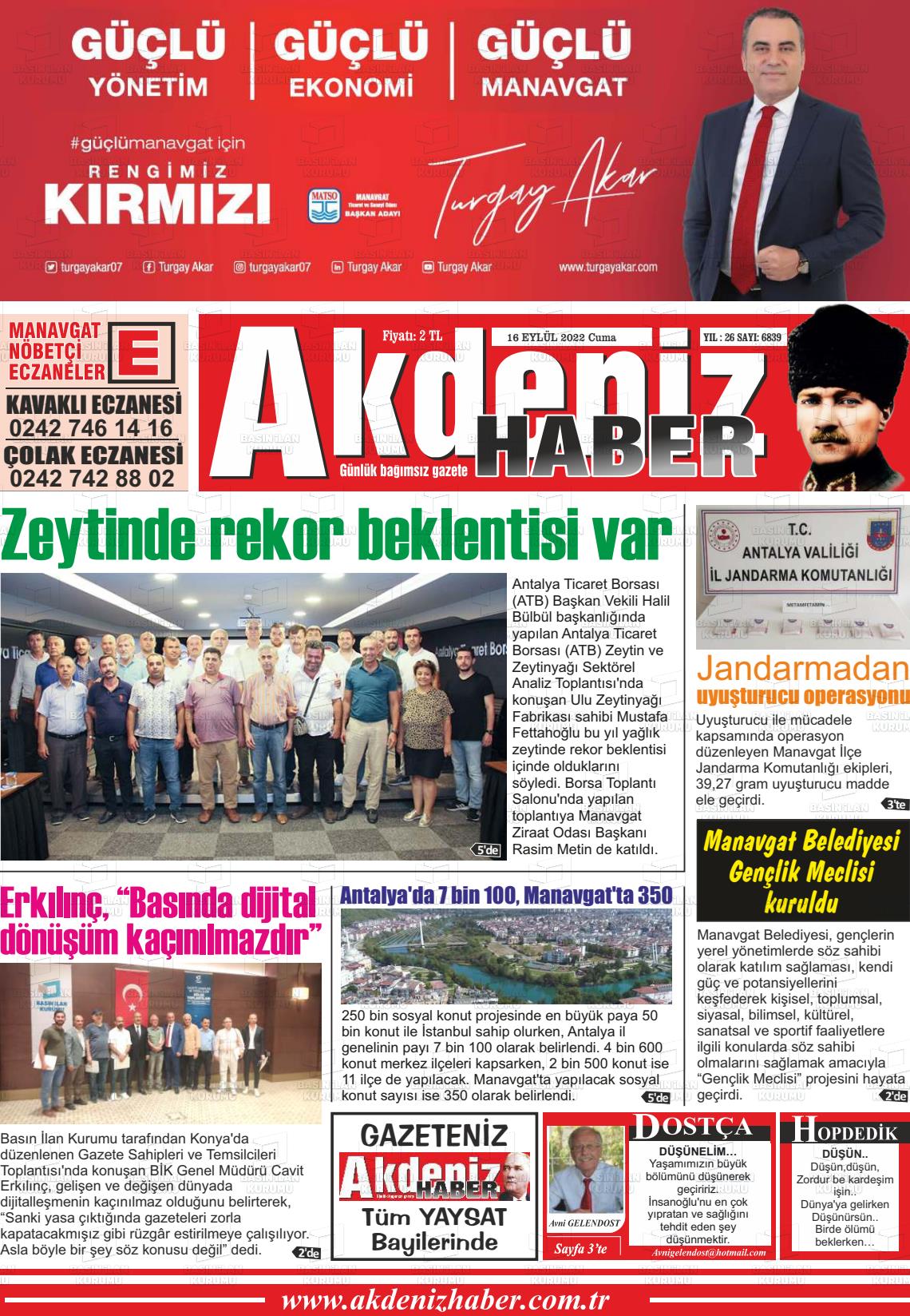 16 Eylül 2022 Akdeniz Haber Gazete Manşeti