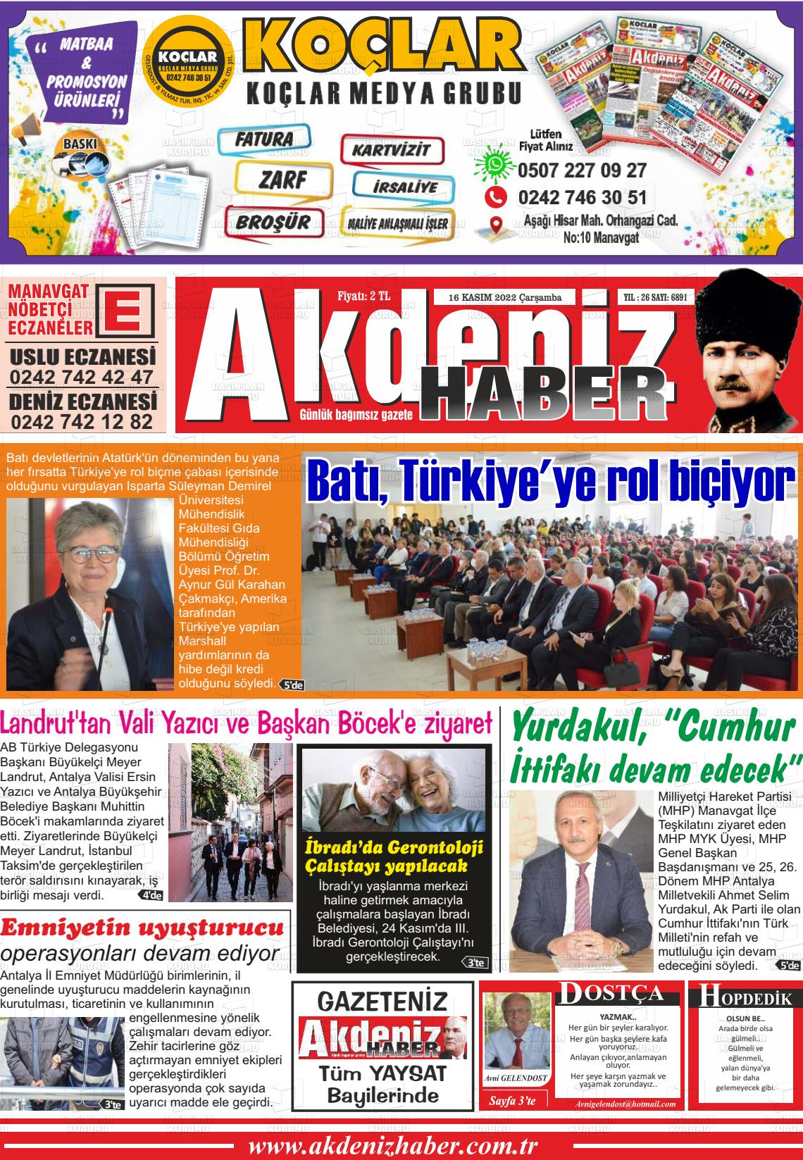 16 Kasım 2022 Akdeniz Haber Gazete Manşeti