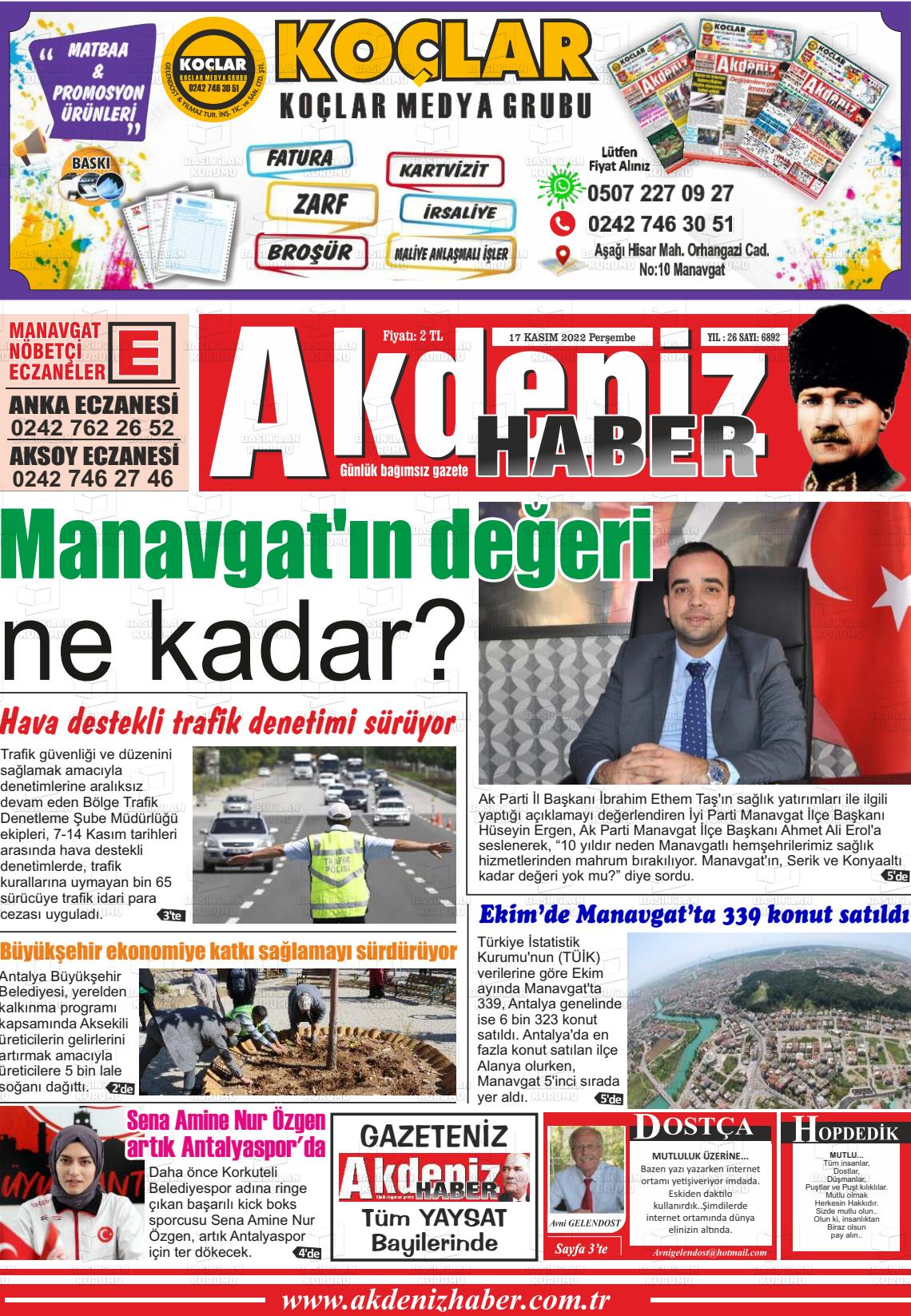 17 Kasım 2022 Akdeniz Haber Gazete Manşeti