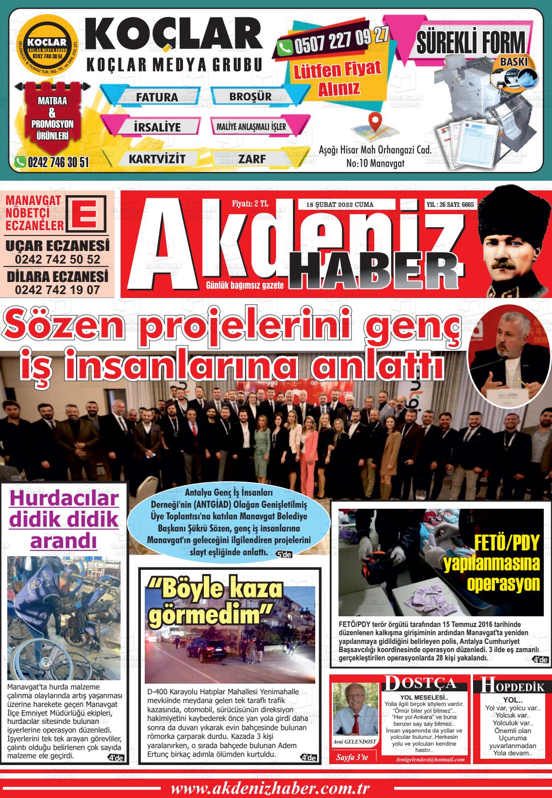 18 Şubat 2022 Akdeniz Haber Gazete Manşeti