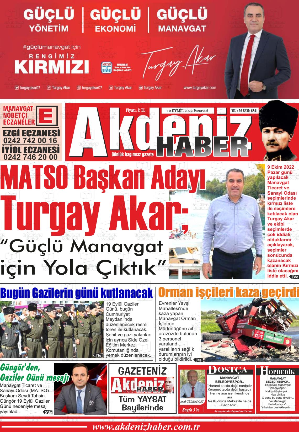 19 Eylül 2022 Akdeniz Haber Gazete Manşeti