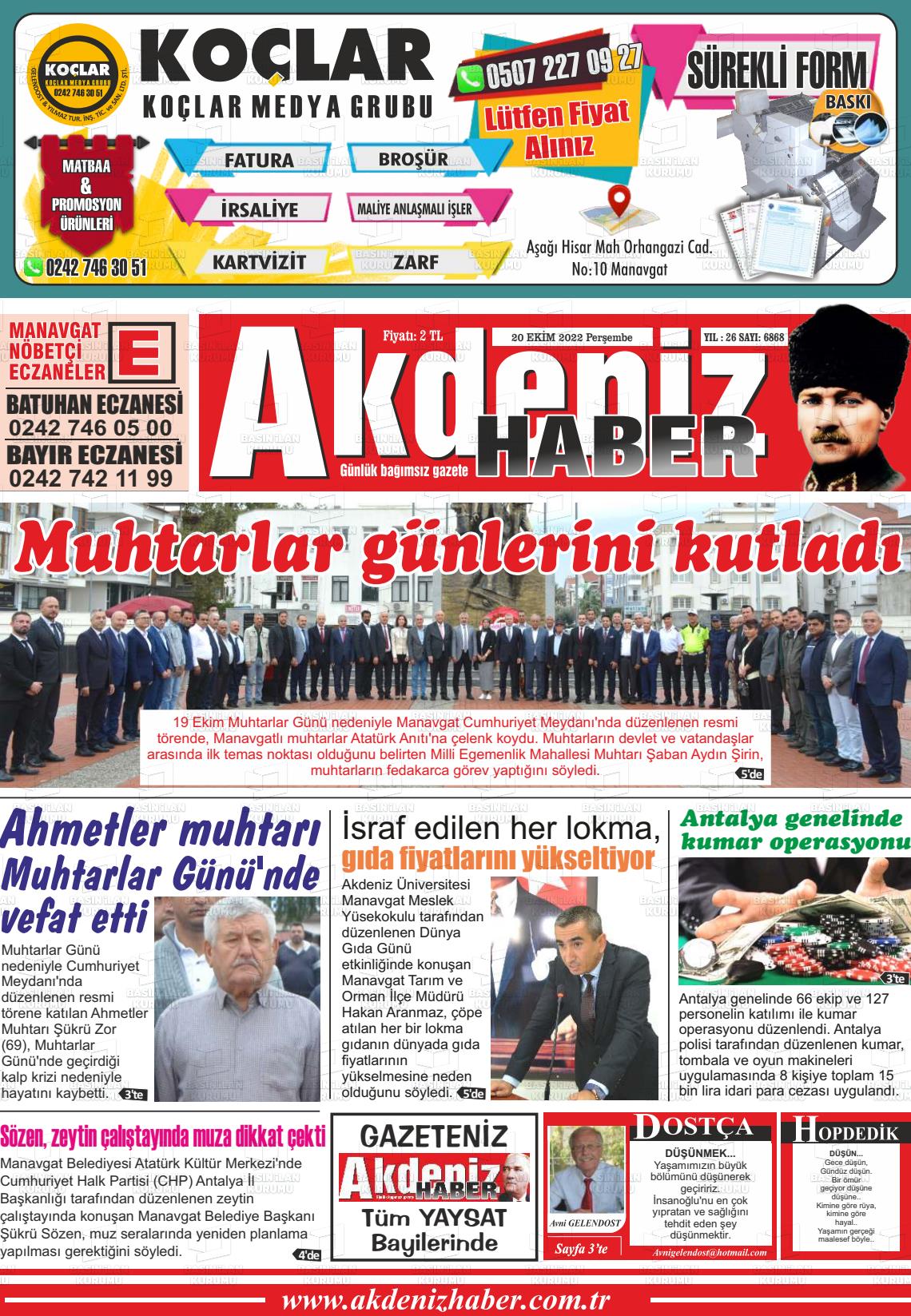 20 Ekim 2022 Akdeniz Haber Gazete Manşeti