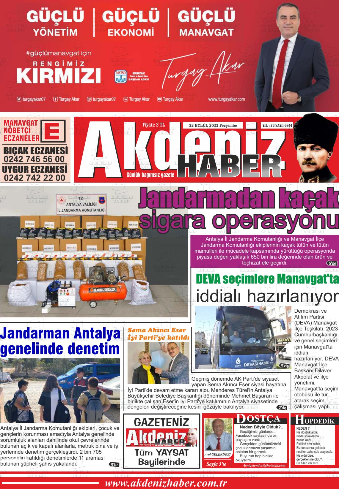 22 Eylül 2022 Akdeniz Haber Gazete Manşeti