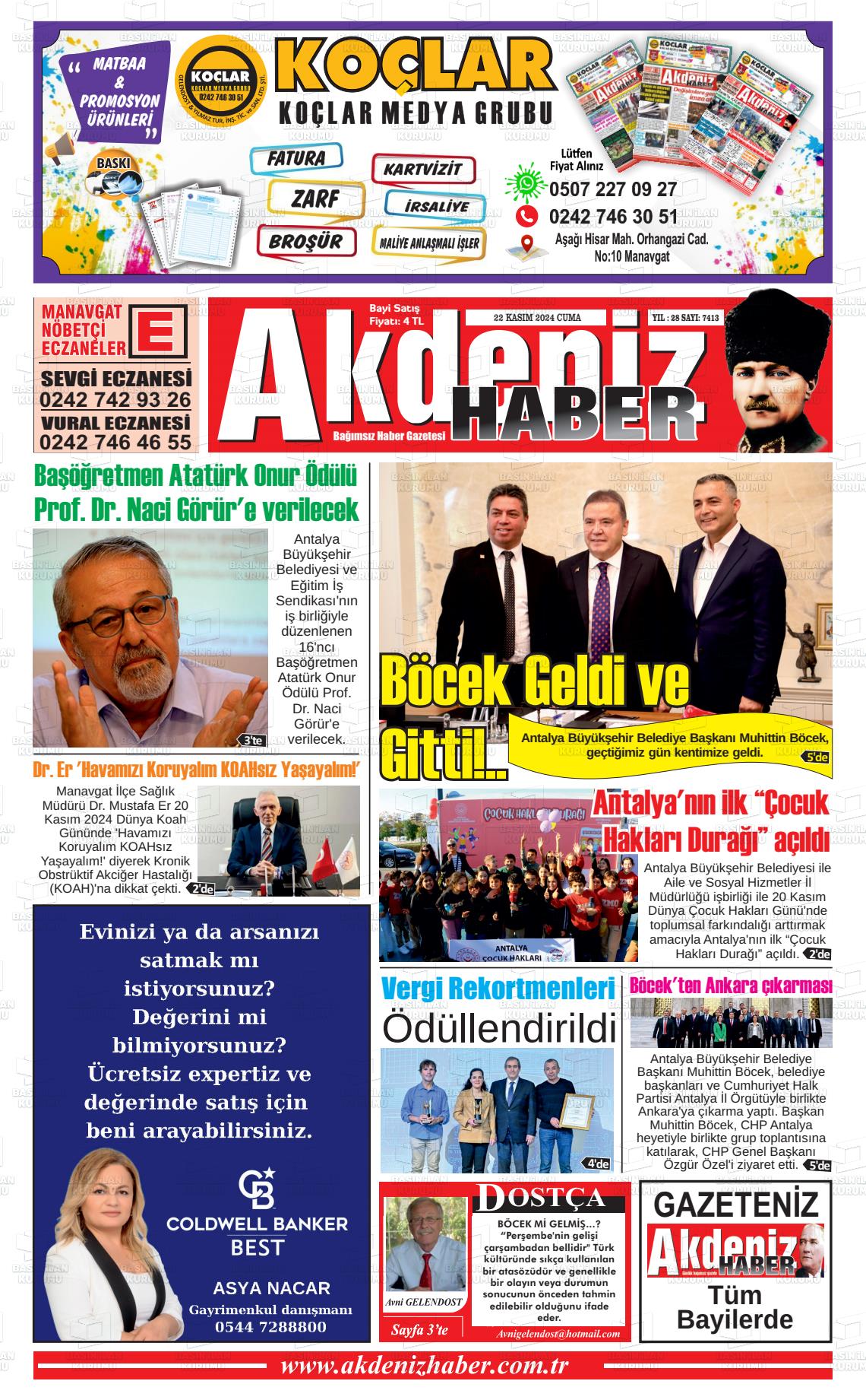 22 Kasım 2024 Akdeniz Haber Gazete Manşeti