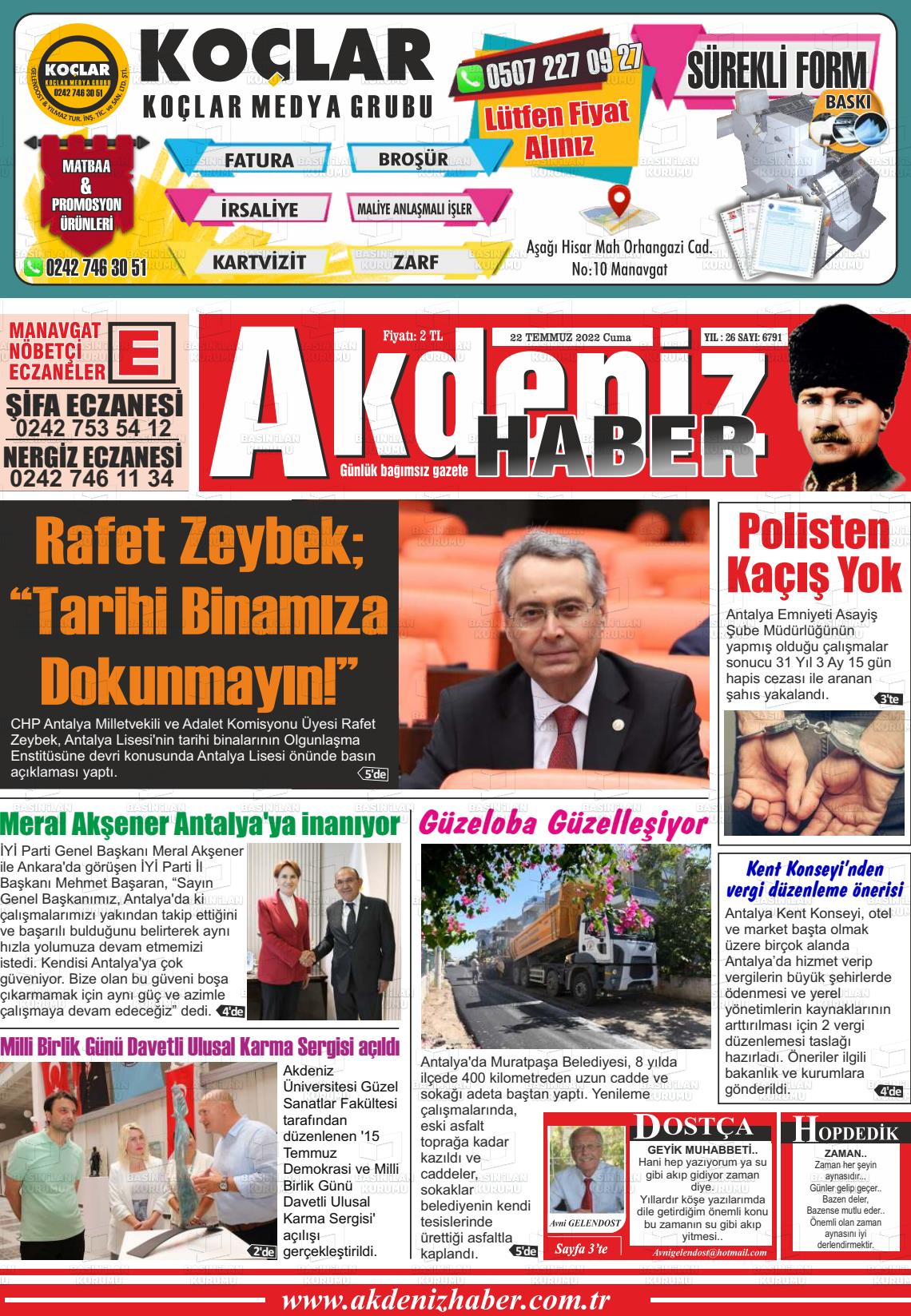 22 Temmuz 2022 Akdeniz Haber Gazete Manşeti