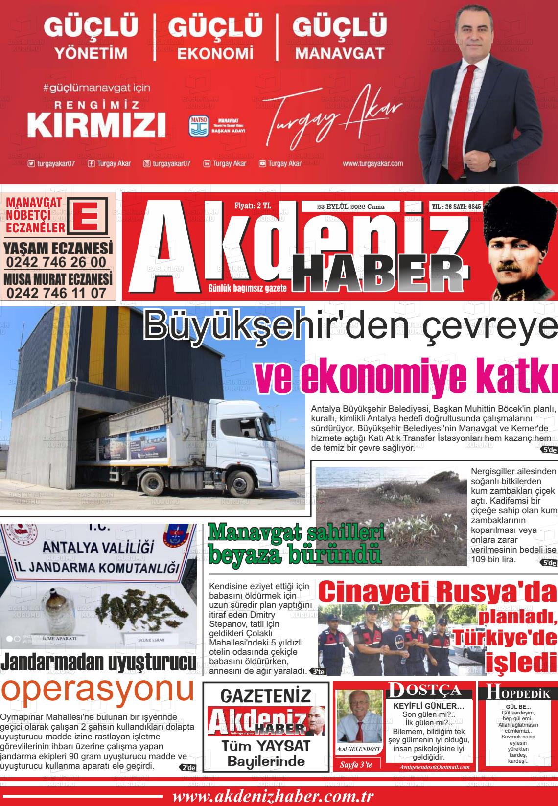 23 Eylül 2022 Akdeniz Haber Gazete Manşeti