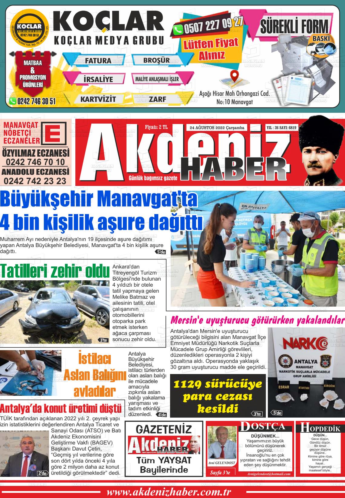 24 Ağustos 2022 Akdeniz Haber Gazete Manşeti