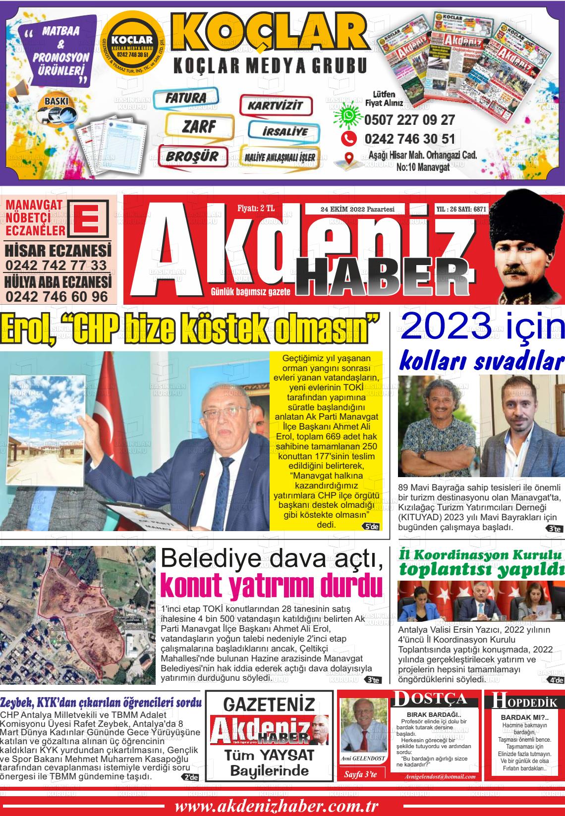 24 Ekim 2022 Akdeniz Haber Gazete Manşeti