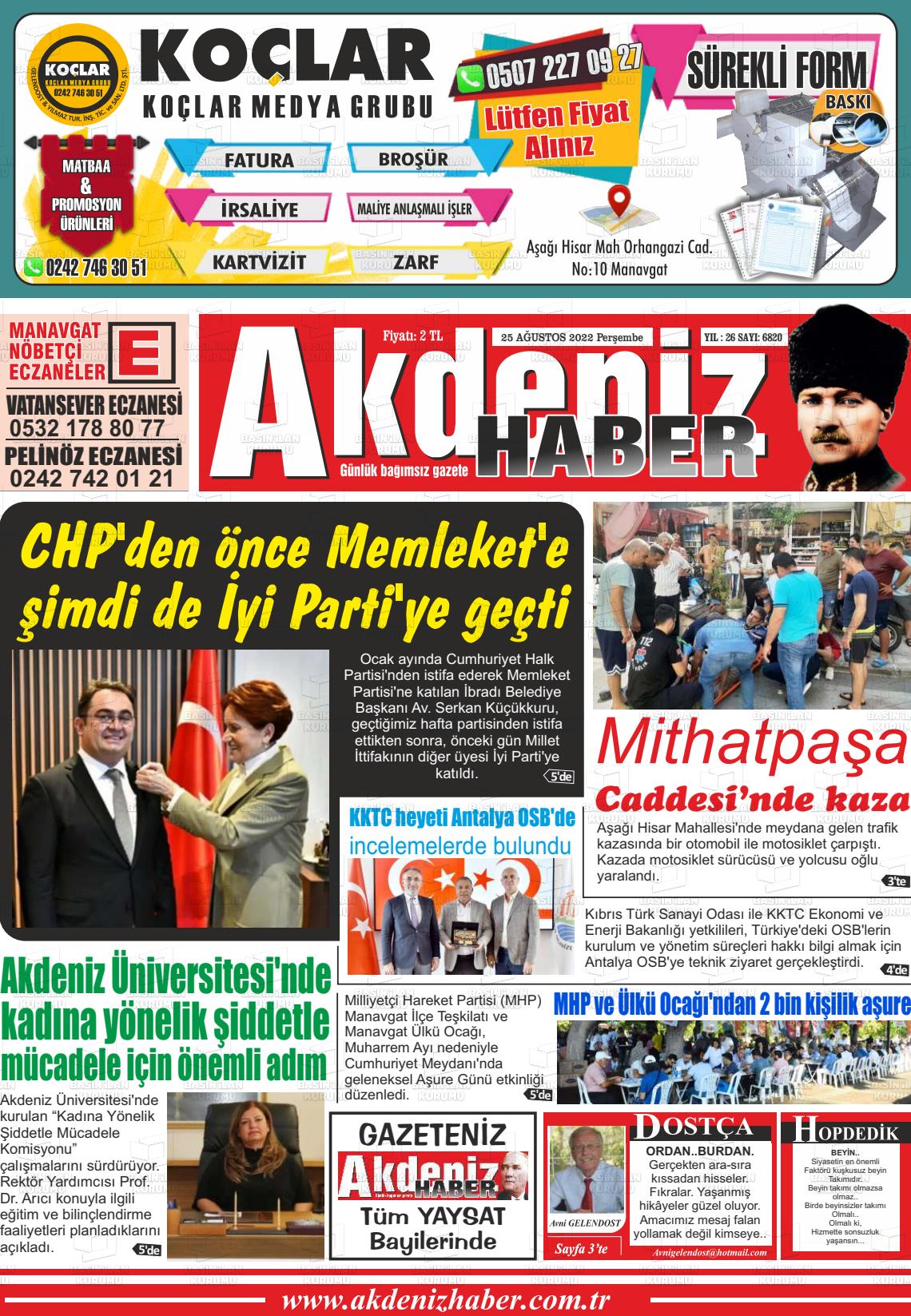 25 Ağustos 2022 Akdeniz Haber Gazete Manşeti