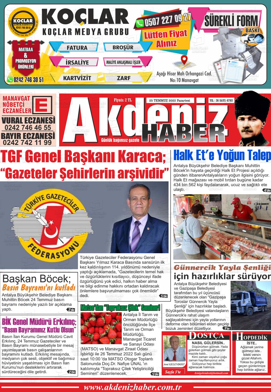 25 Temmuz 2022 Akdeniz Haber Gazete Manşeti