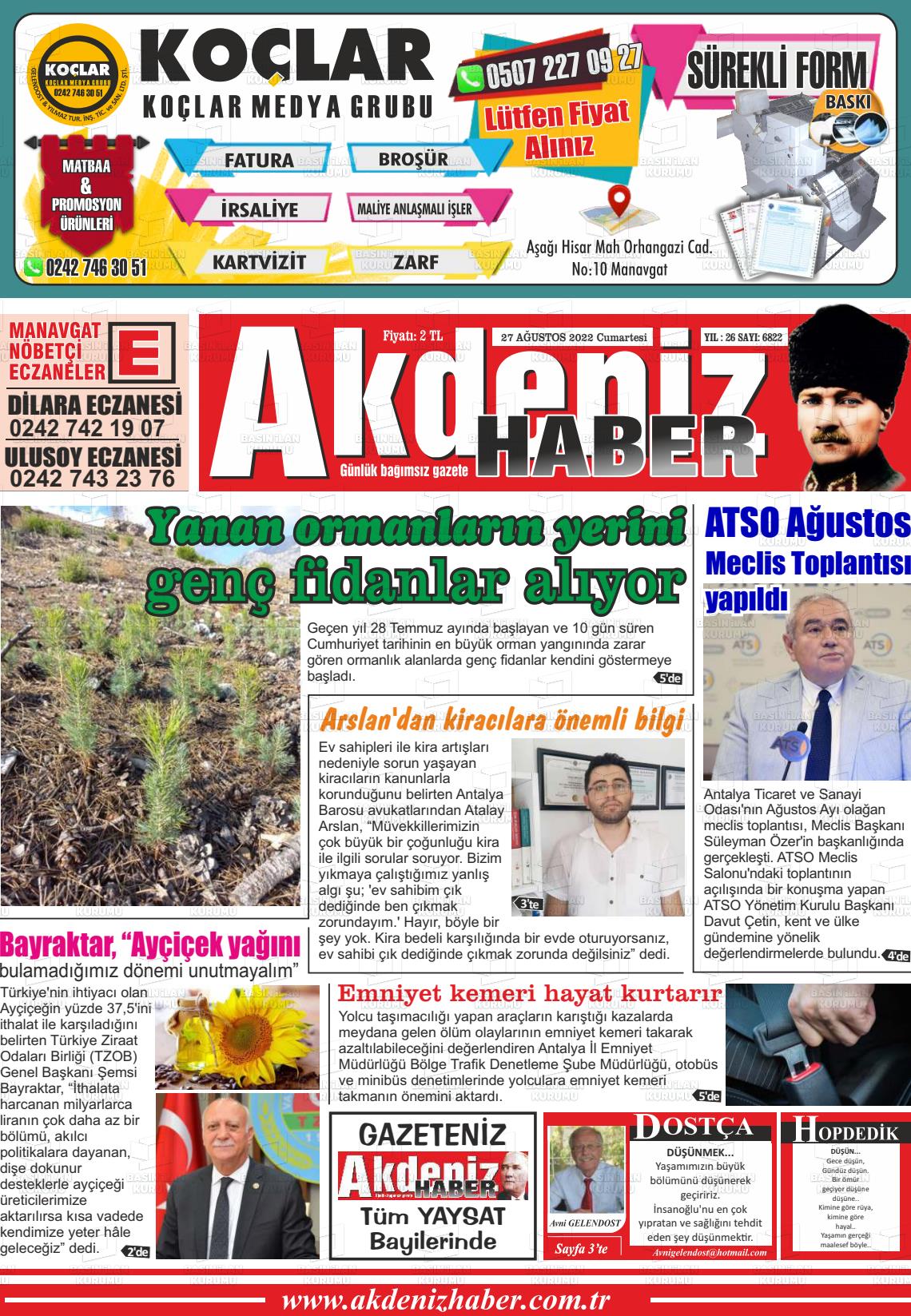 27 Ağustos 2022 Akdeniz Haber Gazete Manşeti