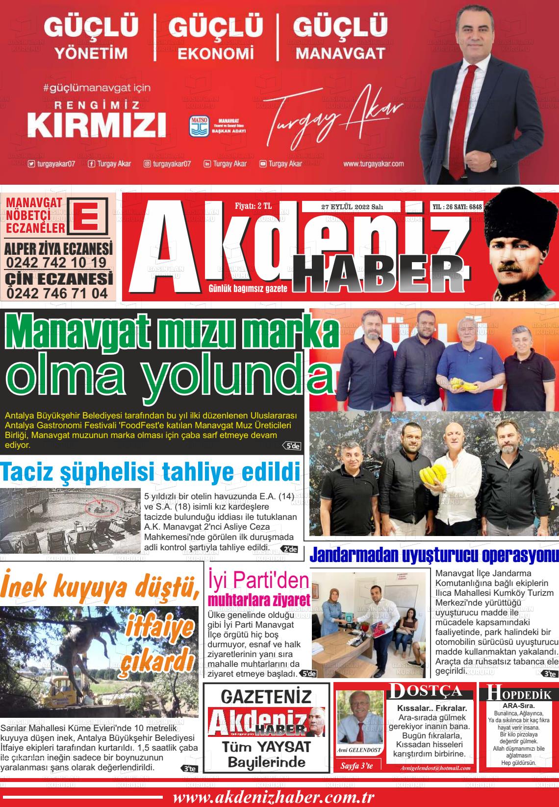 27 Eylül 2022 Akdeniz Haber Gazete Manşeti