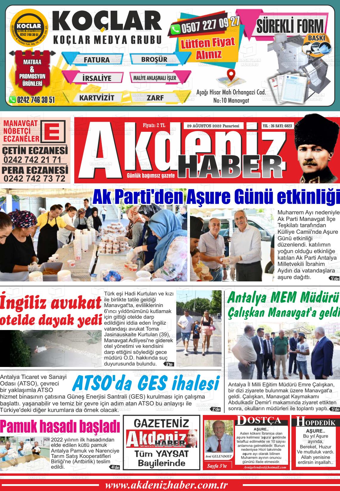 29 Ağustos 2022 Akdeniz Haber Gazete Manşeti