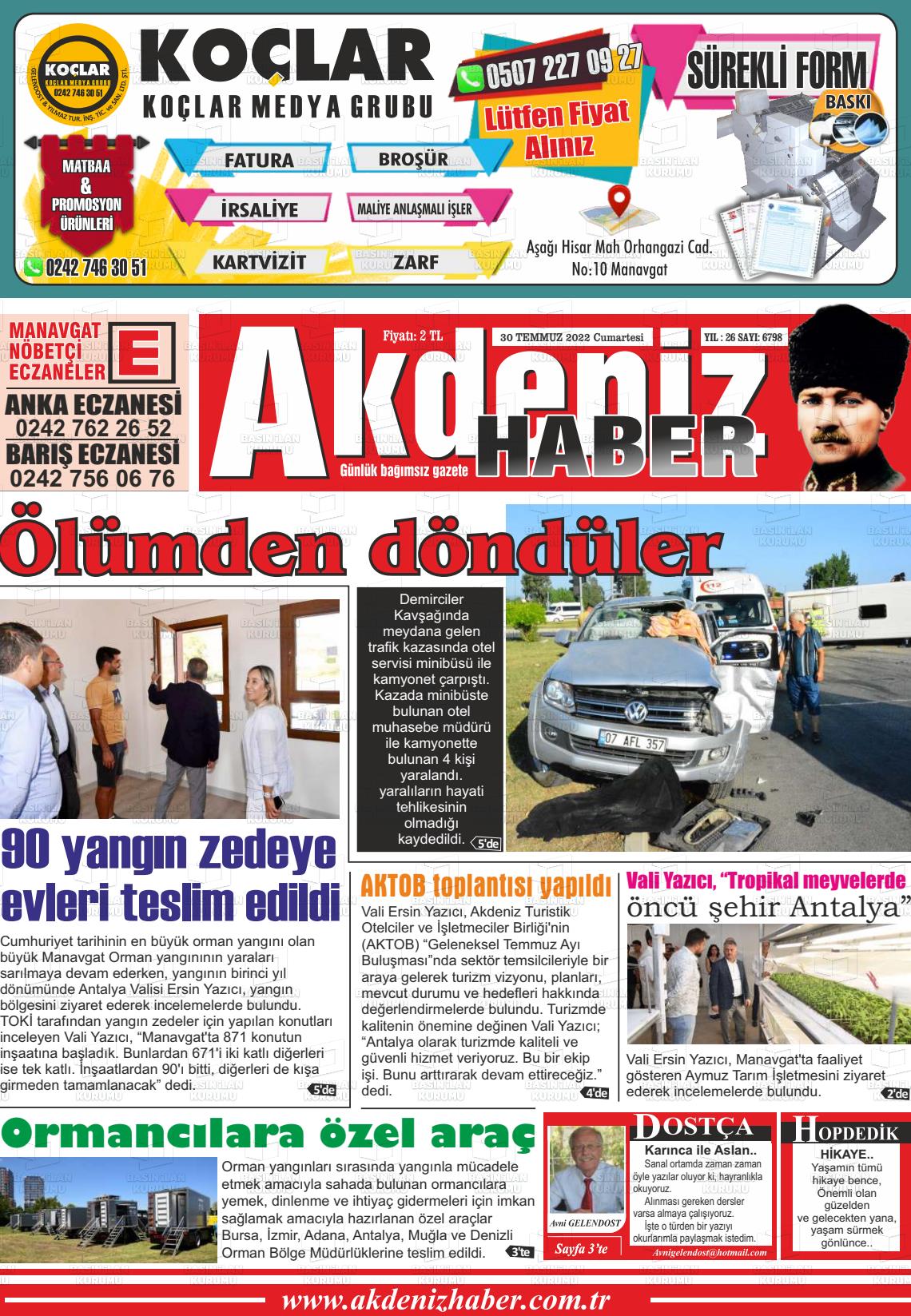 30 Temmuz 2022 Akdeniz Haber Gazete Manşeti