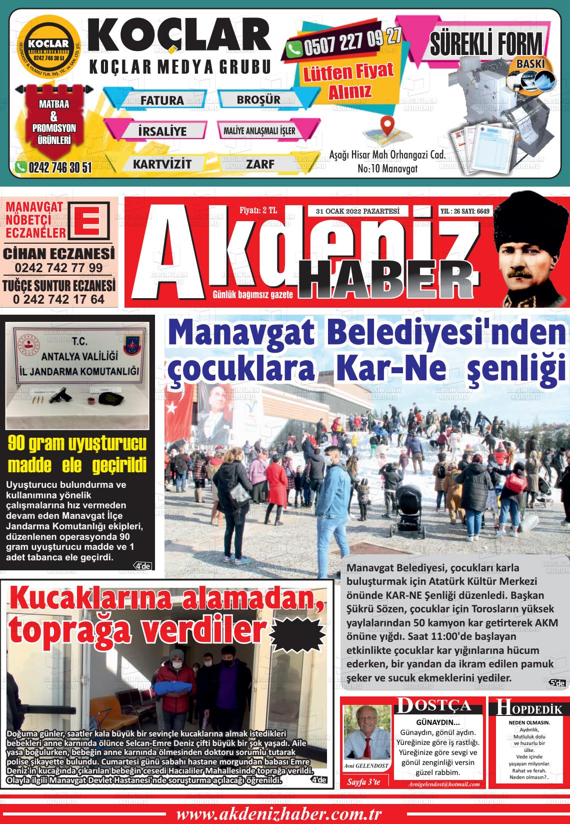 31 Ocak 2022 Akdeniz Haber Gazete Manşeti