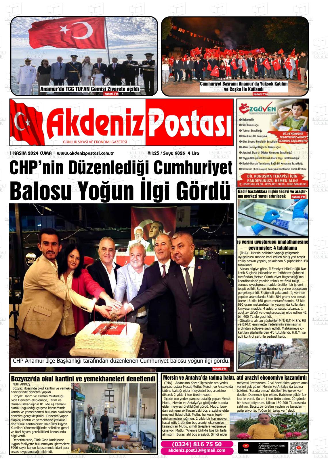 01 Kasım 2024 Akdeniz Postası Gazete Manşeti