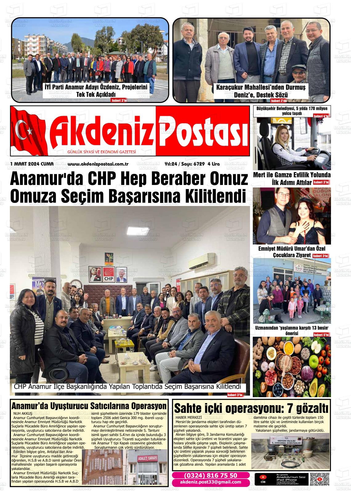 01 Mart 2024 Akdeniz Postası Gazete Manşeti