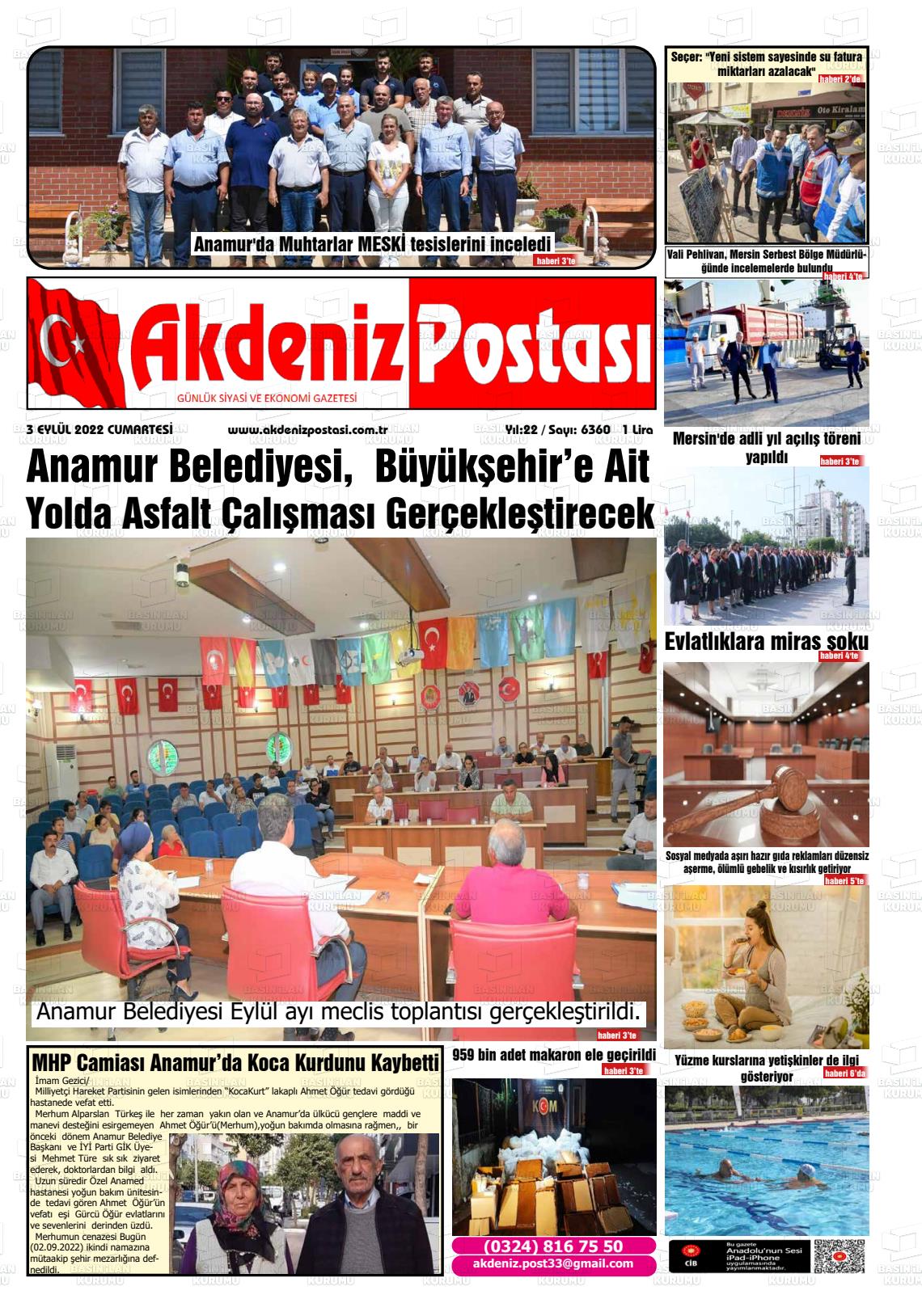 03 Eylül 2022 Akdeniz Postası Gazete Manşeti