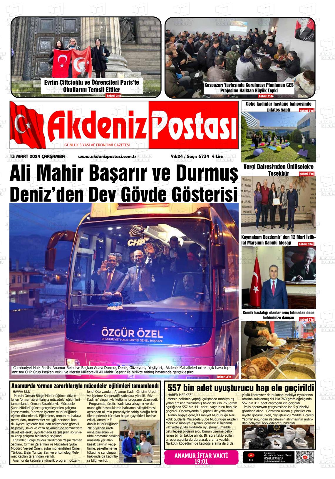 13 Mart 2024 Akdeniz Postası Gazete Manşeti