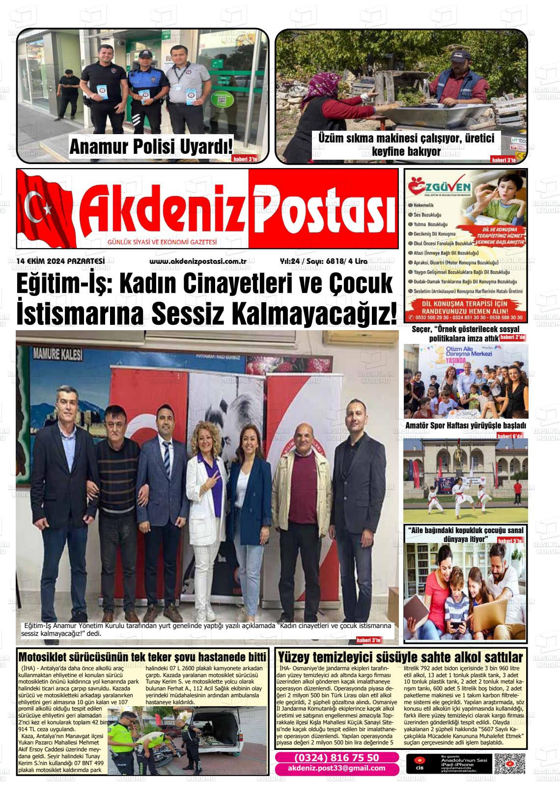 14 Ekim 2024 Akdeniz Postası Gazete Manşeti