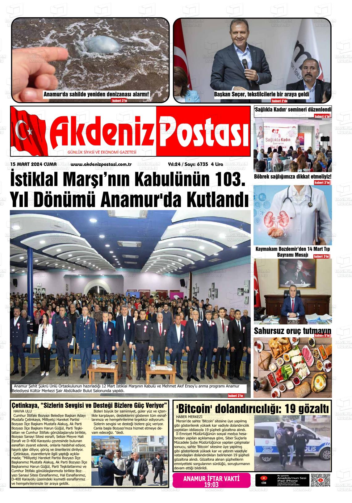 15 Mart 2024 Akdeniz Postası Gazete Manşeti