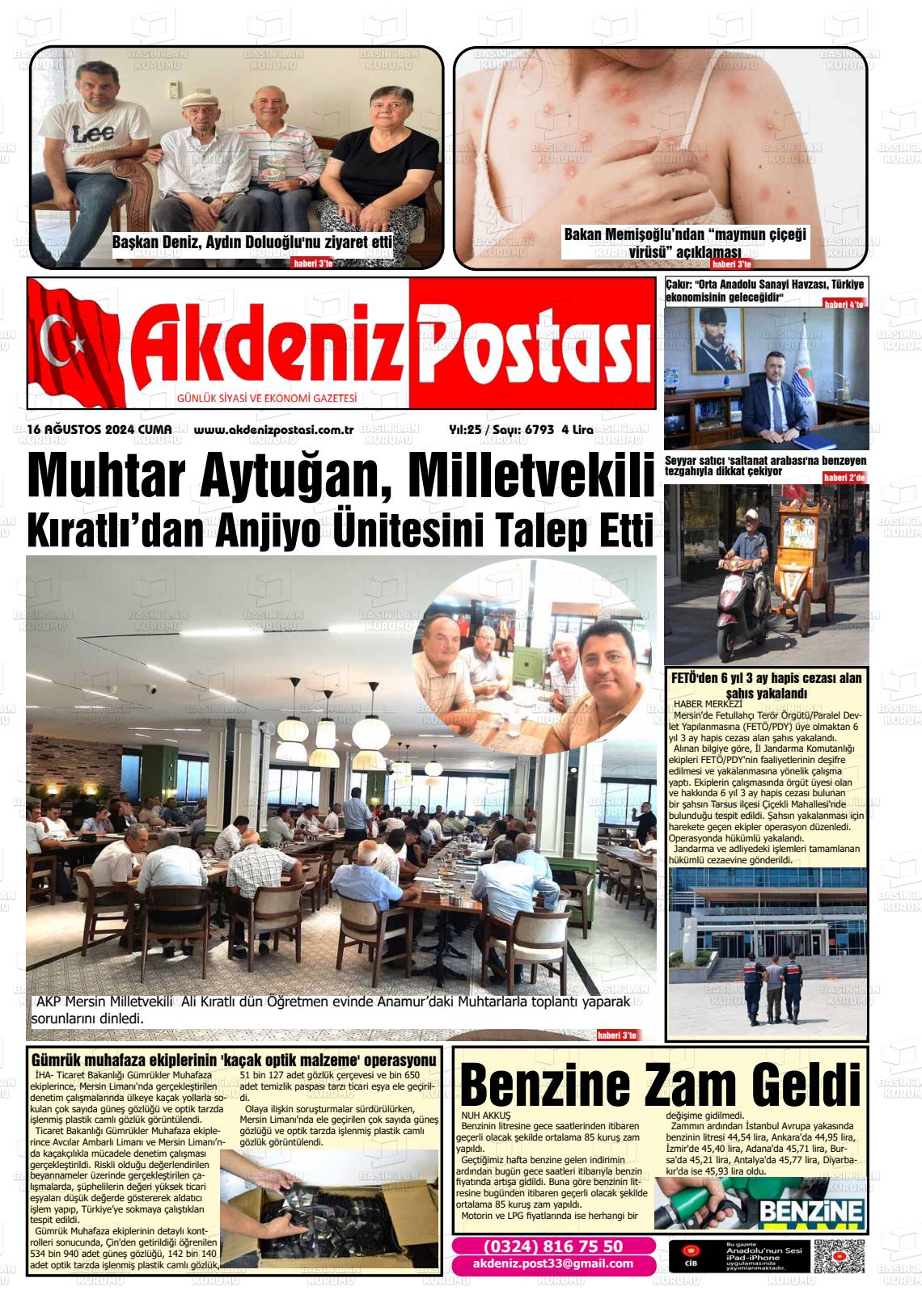 16 Ağustos 2024 Akdeniz Postası Gazete Manşeti