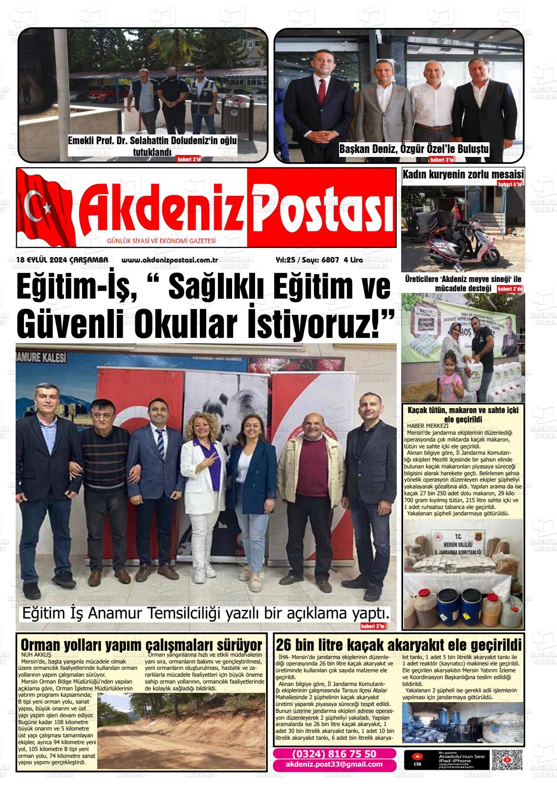 18 Eylül 2024 Akdeniz Postası Gazete Manşeti