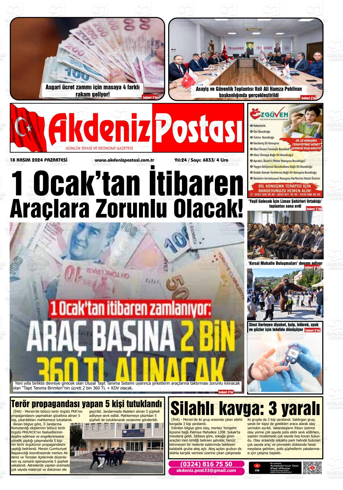 18 Kasım 2024 Akdeniz Postası Gazete Manşeti