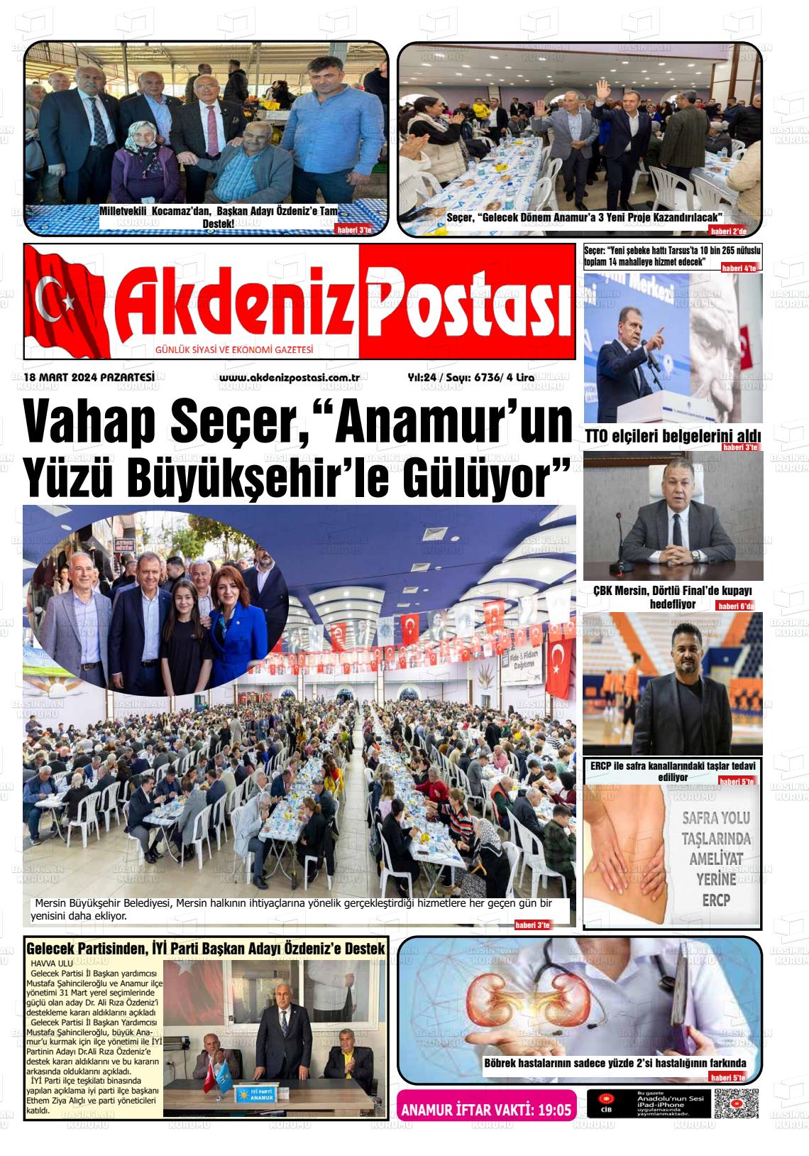 18 Mart 2024 Akdeniz Postası Gazete Manşeti