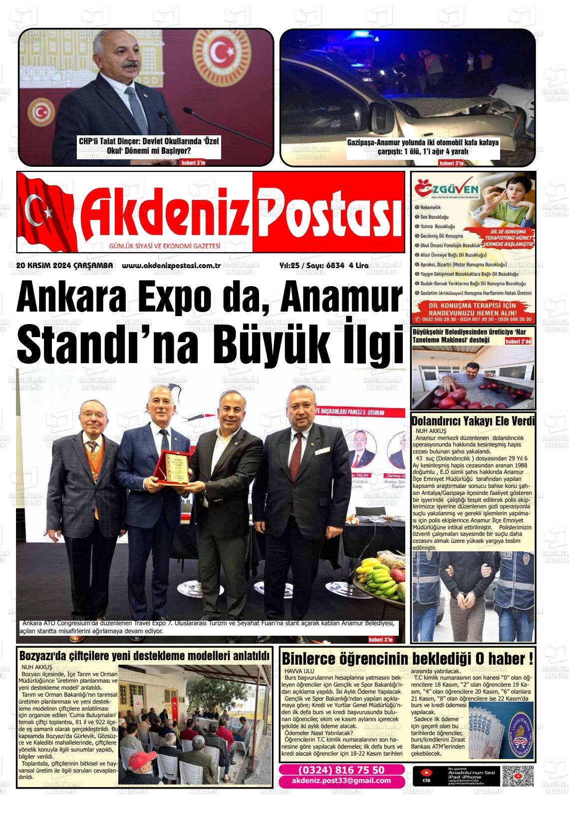 20 Kasım 2024 Akdeniz Postası Gazete Manşeti