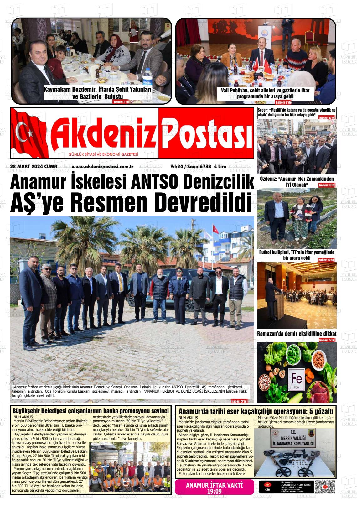 22 Mart 2024 Akdeniz Postası Gazete Manşeti