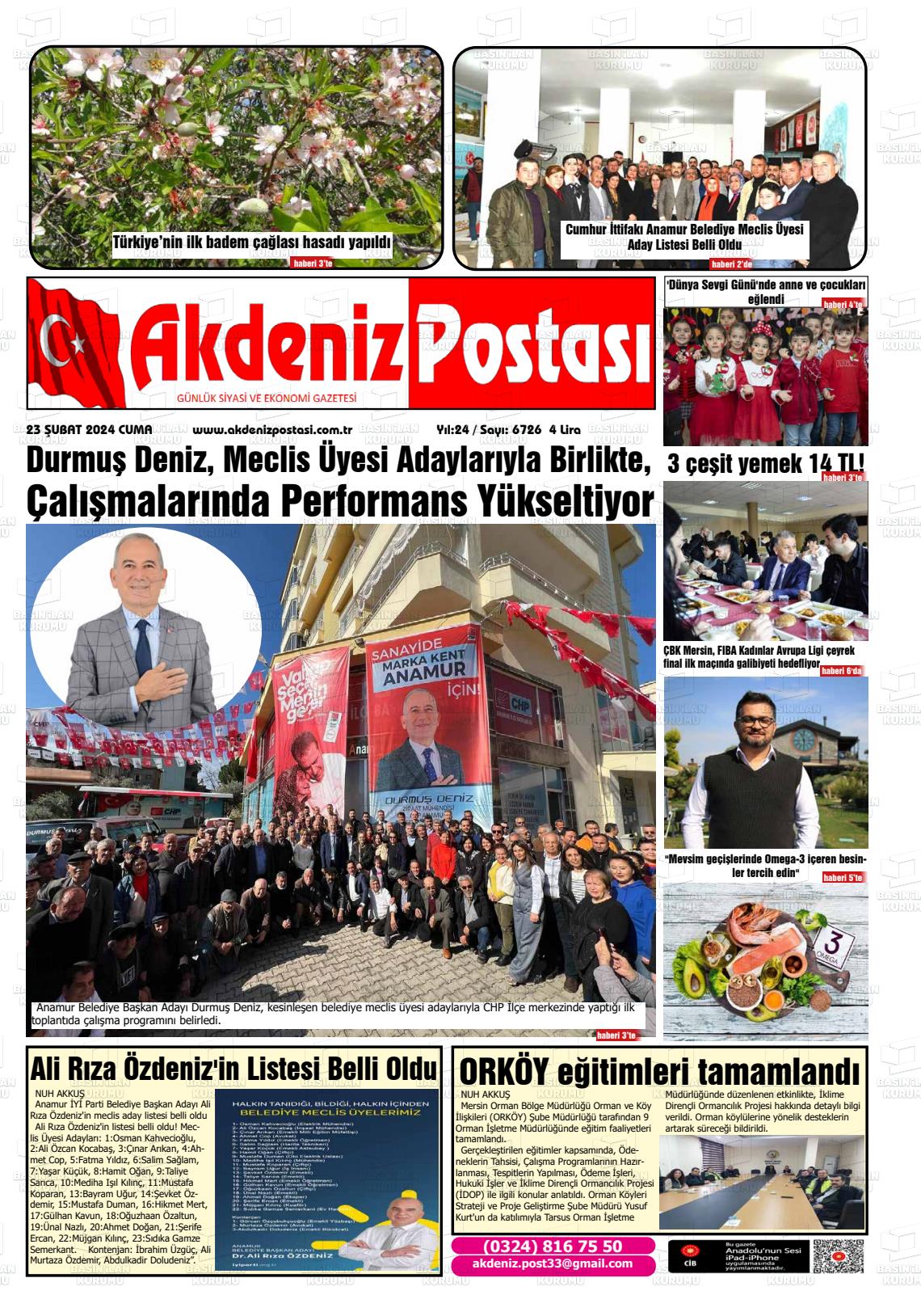 23 Şubat 2024 Akdeniz Postası Gazete Manşeti