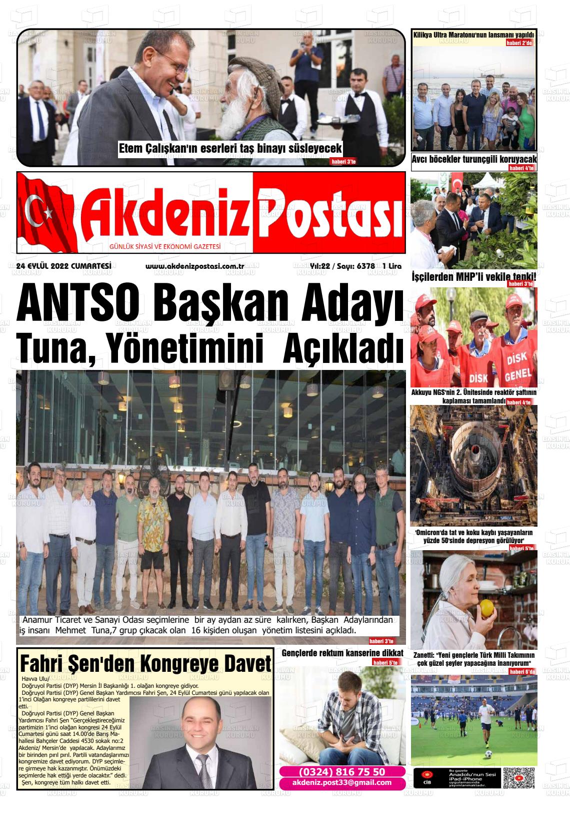 24 Eylül 2022 Akdeniz Postası Gazete Manşeti