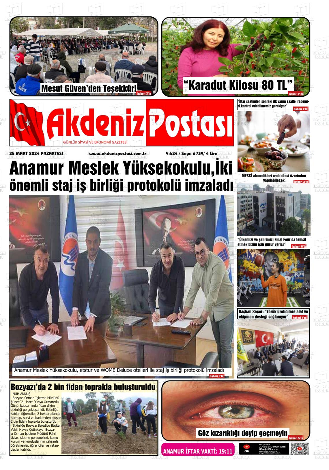 25 Mart 2024 Akdeniz Postası Gazete Manşeti