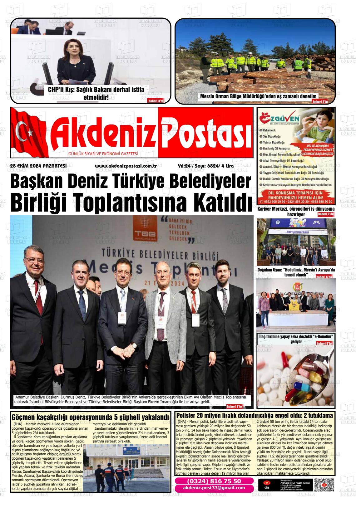 28 Ekim 2024 Akdeniz Postası Gazete Manşeti