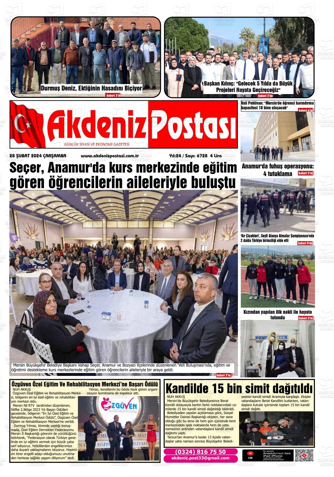 28 Şubat 2024 Akdeniz Postası Gazete Manşeti