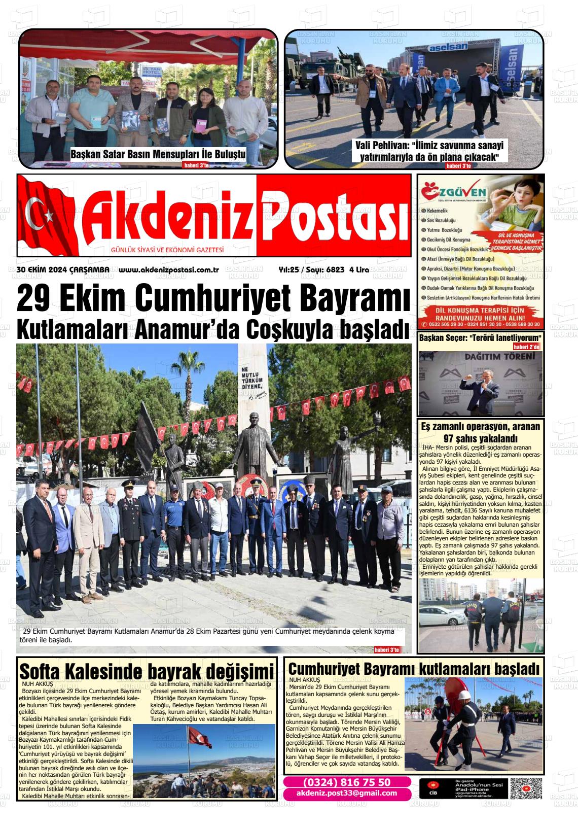 30 Ekim 2024 Akdeniz Postası Gazete Manşeti