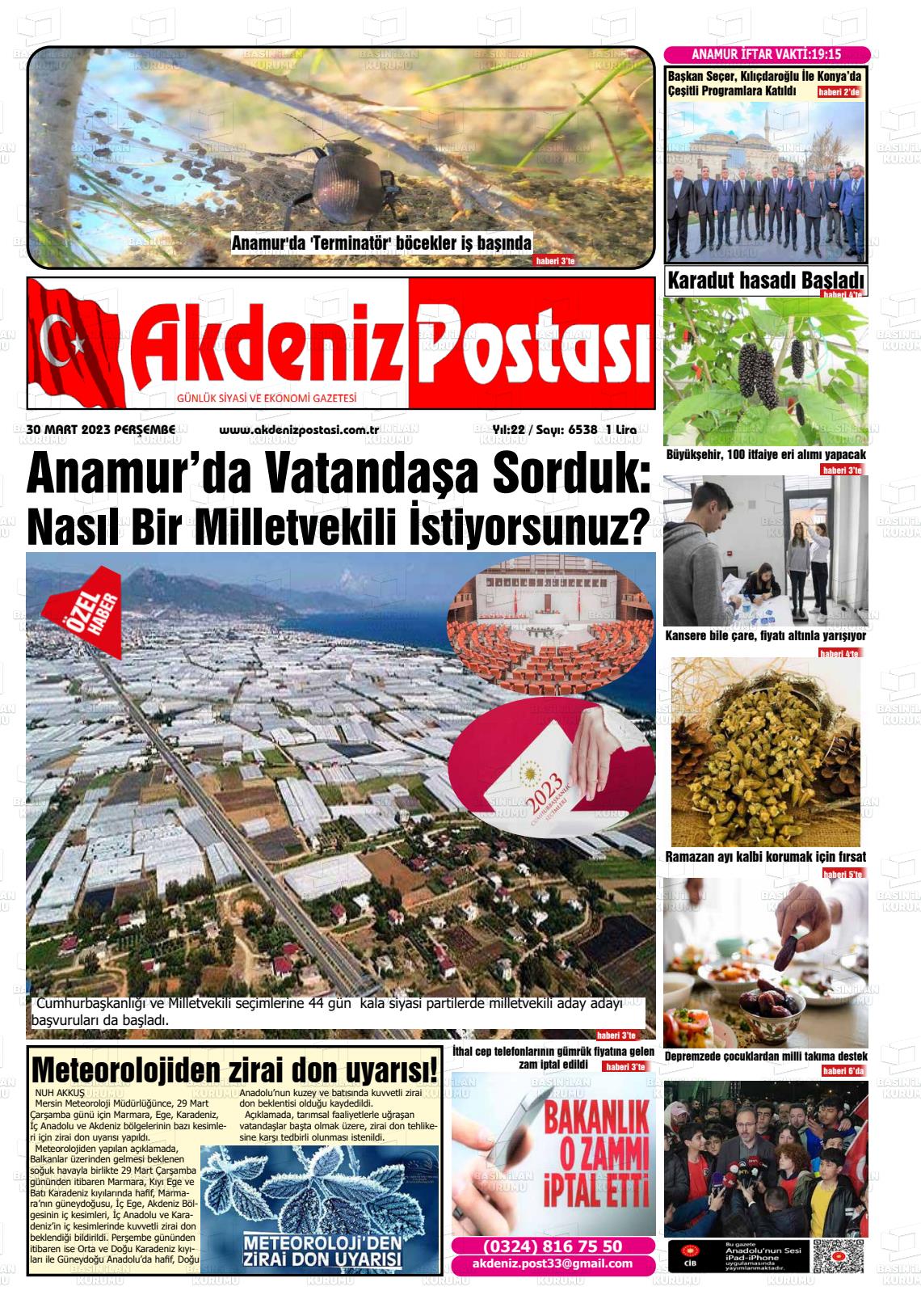 30 Mart 2023 Akdeniz Postası Gazete Manşeti