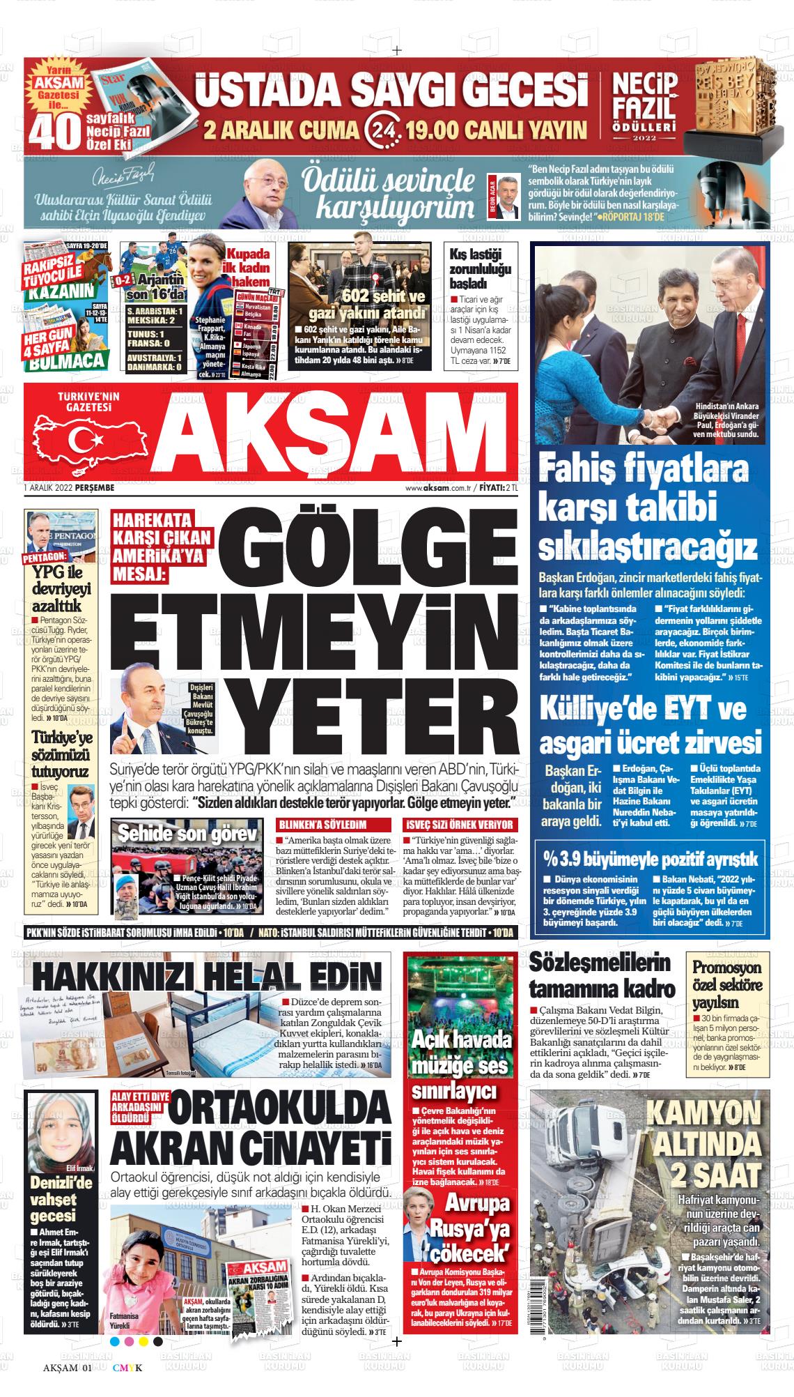 01 Aralık 2022 Akşam Gazete Manşeti